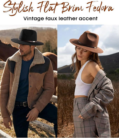 FURTALK Fedora Hats for Men Women Wide Brim Felt Panama Dress Hat with Belt Buckle Adjustable Size 7-7 3/8