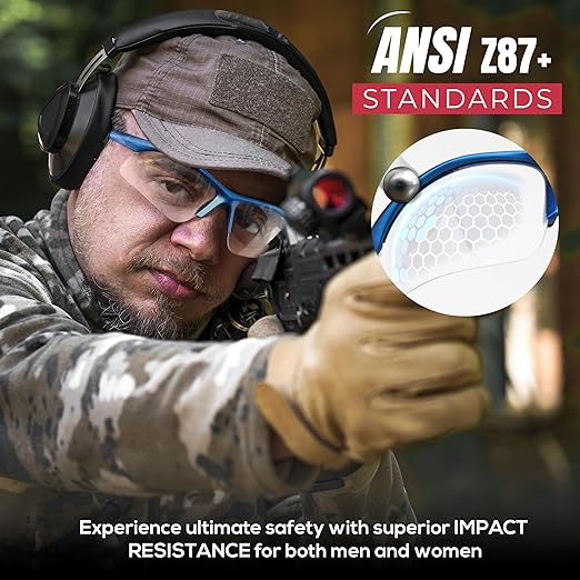MTX Clear Safety Glasses with Blue Temple, ANSI Z87+, Impact Resistant, Anti-Scratch UV Protection Lens for Shooting, Yard Work, Cycling, and Outdoor Activities (1 Pack)