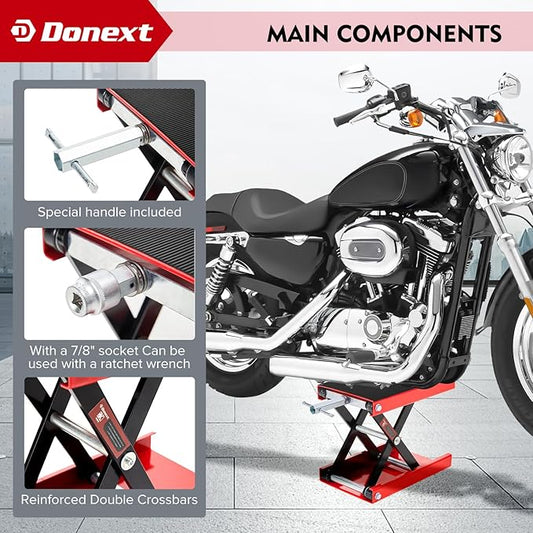 Donext Motorcycle Lift Scissor Jack, 1200 LB Capacity Wide Deck Hoist Stand Maintenance Bikes ATVs Garage Repair Center Stand Lift Jack, Red