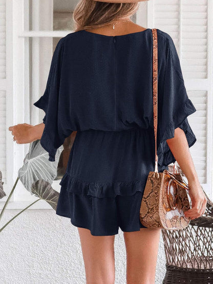 Medium Valphsio Womens V Neck Beach Romper Ruffle Layered Drawstring Waisted Shorts Jumpsuit