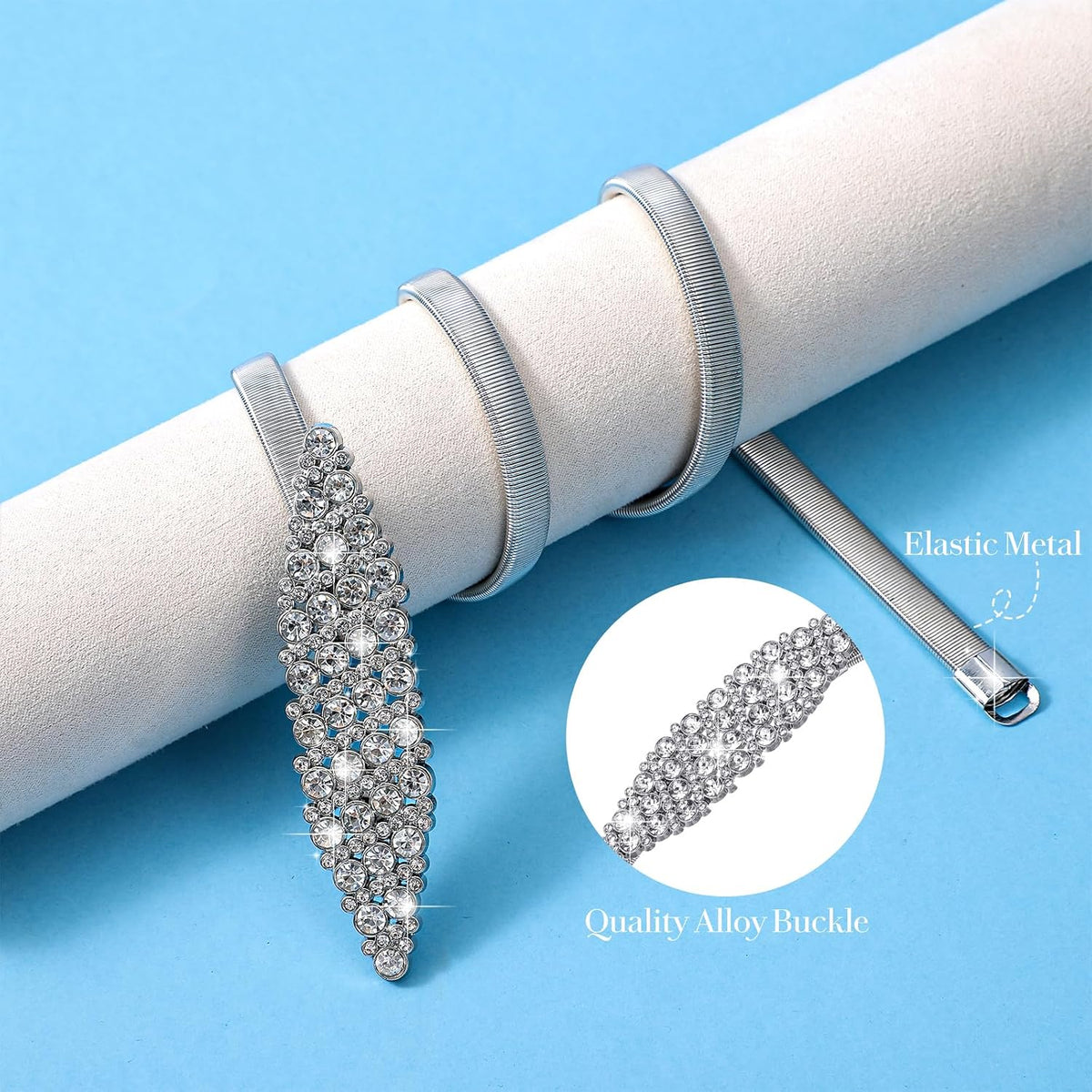 Rhinestone Belt for Formal Dress Silver Elastic Adjustable Thin Metal Belts, Skinny Ladies Belt for Women Dresses Wedding Party Formal Occasions(29–33 Inches)