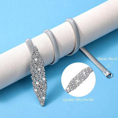Rhinestone Belt for Formal Dress Silver Elastic Adjustable Thin Metal Belts, Skinny Ladies Belt for Women Dresses Wedding Party Formal Occasions(29–33 Inches)