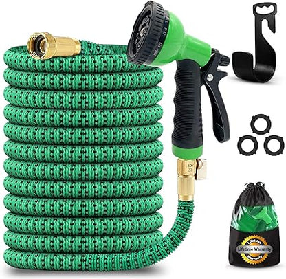 JB XpandaHose 50ft Expandable Garden Hose with Holder - Heavy Duty Superior Strength 3750D - 4 -Layer Latex Core - Extra Strong Brass Connectors and 10 Spray Nozzle with Storage Bag (Green 50)