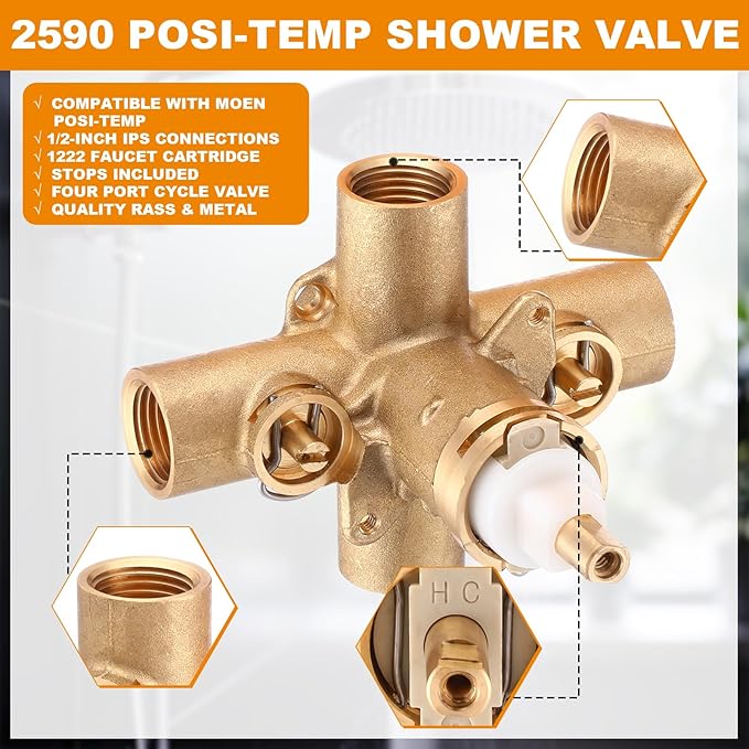 2590 Rough In Brass Compatible with Posi-Temp Pressure Balancing Tube Cycling Shower Valve with Stops, 12-Inch IPS Connections, Lead-Free, 1222 Faucet Cartridge