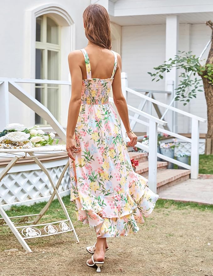 GRACE KARIN Women's 2025 Summer Floral Boho Dress Square Neck Strapped Swing A Line Sundress Beach Long Maxi Outfits