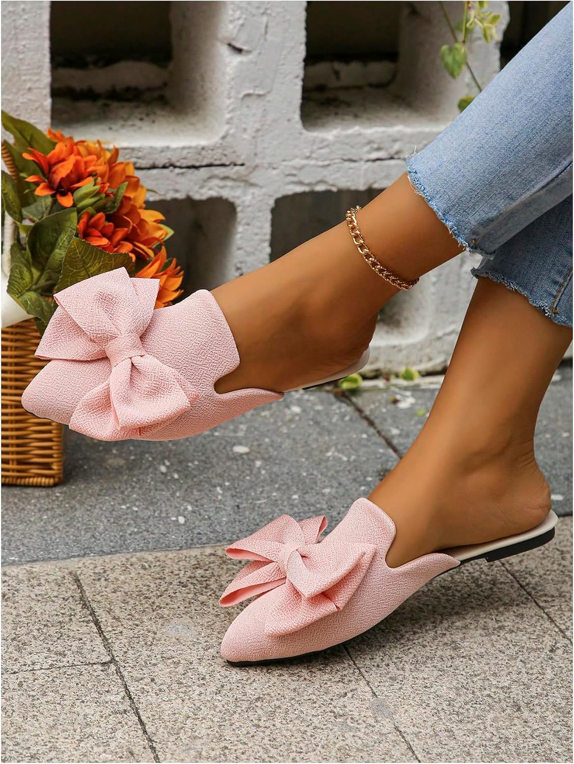 Verdusa Mules for Women Bow Dressy Pointed Toe Flat Shoes Backless Loafers Slide Sandals Casual Slides Work Shoes