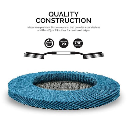 Neiko 11120A Premium Zirconia Flap Disc | 4.5" x 7/8-Inch, 60 Grit, Bevel Type #29 - 5 Pack