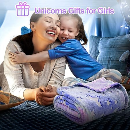 Unicorn Glow in The Dark Blanket for GirlsKids Age 3-12, Soft Fleece Throw - 40"x60"