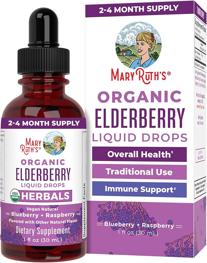 MaryRuth Organics Elderberry Syrup  USDA Organic  Sugar Free Immune Support Supplement for Adults  Kids, Ages 1  Vegan, Non-GMO, Immune Boosters, Clean Label Project Verified  1 Fl Oz
