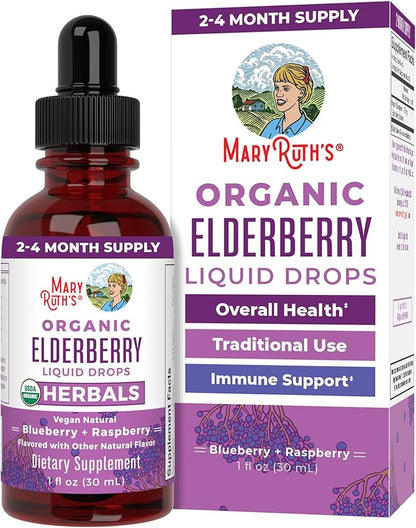 MaryRuth Organics Elderberry Syrup  USDA Organic  Sugar Free Immune Support Supplement for Adults  Kids, Ages 1  Vegan, Non-GMO, Immune Boosters, Clean Label Project Verified  1 Fl Oz