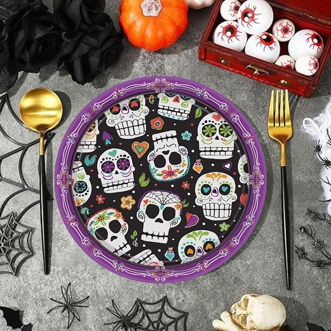 Amscan Bold & Festive Multicolor Sugar Skull Soiree Plates - 6.75" (Pack of 8) - Vibrant Design - Ideal for Festive Occasions & Celebrations