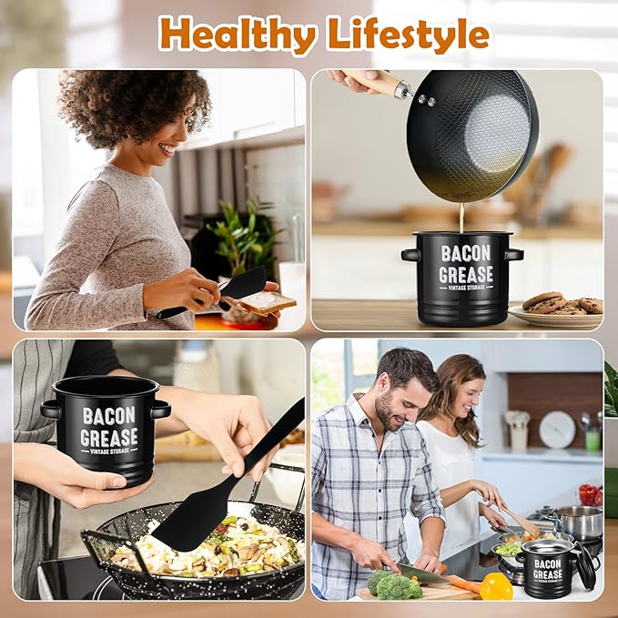 Bacon Grease Saver with Strainer 41oz 1. 2L Large Stainless Steel Grease Container with Silicone Spatula Farmhouse Black Enamel Oil Keeper Can for Kitchen Fat Storage, Dishwasher Safe
