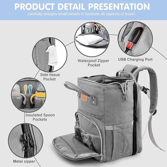Diaper Bag Backpack, Large Capacity Multifunction Baby Bag for Boy Girl, Travel for Moms Dads, Baby Registry Search Shower Gifts Waterproof and Stylish Gray