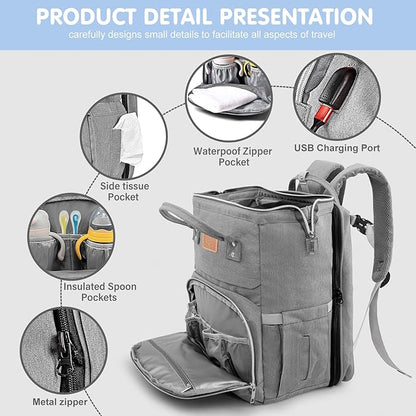 Diaper Bag Backpack, Large Capacity Multifunction Baby Bag for Boy Girl, Travel for Moms Dads, Baby Registry Search Shower Gifts Waterproof and Stylish Gray