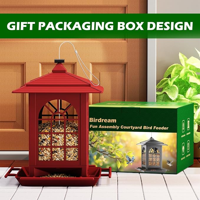 Birdream Bird Feeders for Outdoor Hanging, Assembly Required, 1-Min Easy Setup, Classic Courtyard Design, Attracting Cardinals Chickadees Goldfinches & Sparrows - Red