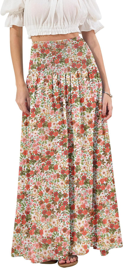 Red Hibiscus floral, LiCot Womens Maxi Skirt Smocked Boho Flowy Casual Long Skirts