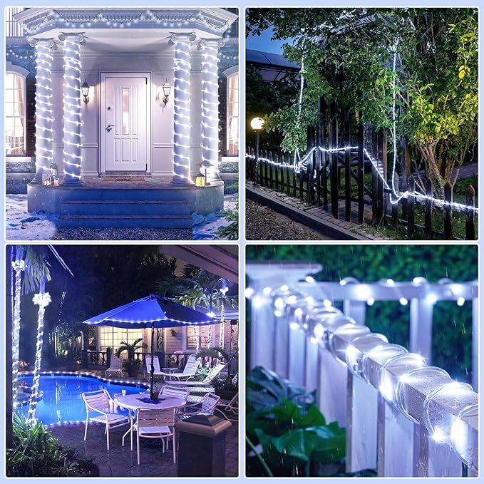 Rope Lights Outdoor, 66FT 200 LED Rope Lights for Indoor with Waterproof 8 Modes, Connectable Clear Tube Lights for Outside, Garden, Backyard, Patio, Deck, Pool, Tree Decorations - White