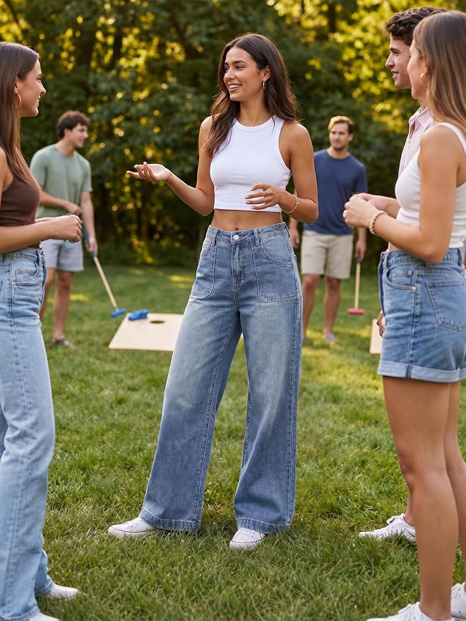 Size 8-10 US EMMIOL Baggy Jeans Women High Waisted Wide Leg Jeans | Patchwork Pockets,Y2K Boyfriend Denim Pants,Back to School Outfits for women