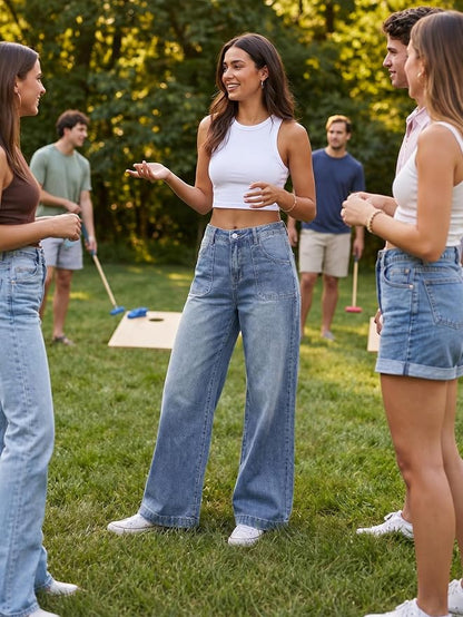 Size 8-10 US EMMIOL Baggy Jeans Women High Waisted Wide Leg Jeans | Patchwork Pockets,Y2K Boyfriend Denim Pants,Back to School Outfits for women