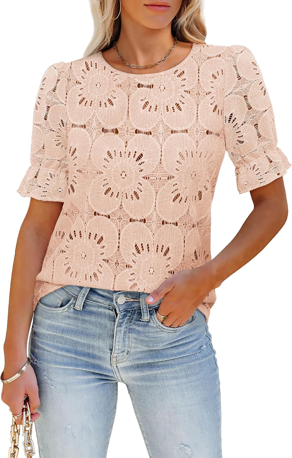LUXVEER Women's Eyelet Tops Puff Short Sleeve Blouses Dressy Casual Cute Hollow Out Crochet Lace Embroidered Summer Shirts