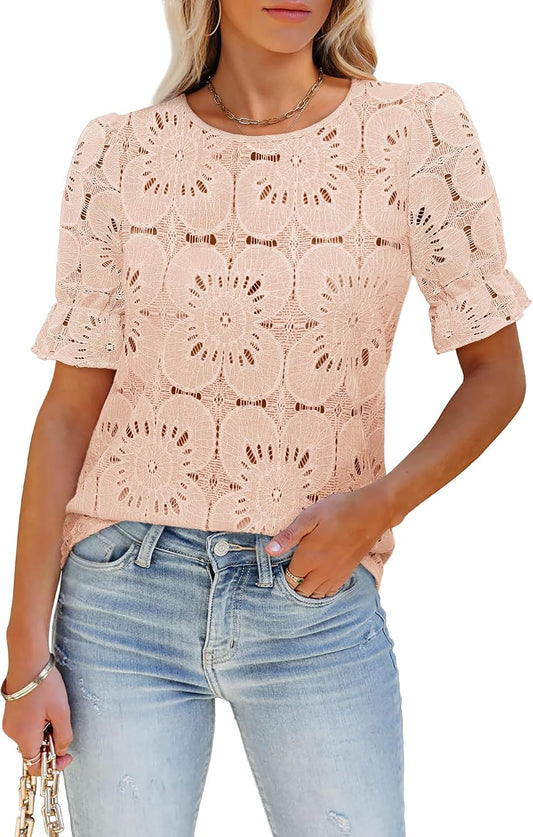 LUXVEER Women's Eyelet Tops Puff Short Sleeve Blouses Dressy Casual Cute Hollow Out Crochet Lace Embroidered Summer Shirts