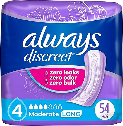 Always Discreet Adult Incontinence Pads for Women, Moderate Absorbency, Long Length, Postpartum Pads, Up to 100 Bladder Leak Protection, 54 Count (Packaging May Vary)