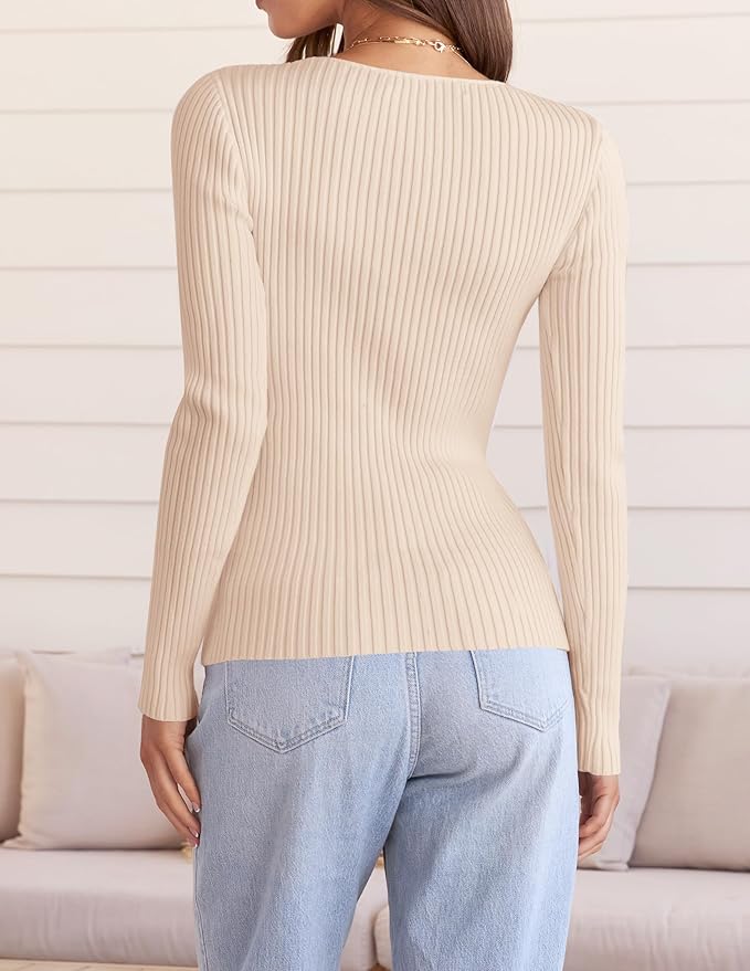 ZESICA Women's Fall Long Sleeve V Neck T Shirts Ribbed Knit Sweater Slim Fit Solid Basic Casual Tee Tops