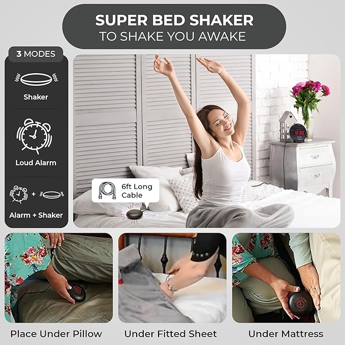 Sonic Bomb Dual Extra Loud Alarm Clock with Bed Shaker, Black  Sonic Alert Vibrating, Heavy Sleepers, Battery Backup  Wake with a Shake