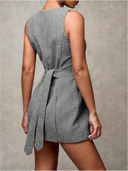 Women's Plaid Button Down Dress Crew Neck Sleeveless Tie Back Work Office Mini Dresses