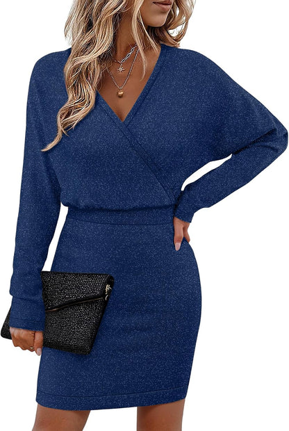 Bebonnie Womens Sexy V Neck Batwing Sleeve Sparkly Cocktail Party Sweater Dresses Holiday Bodycon Midi Dress