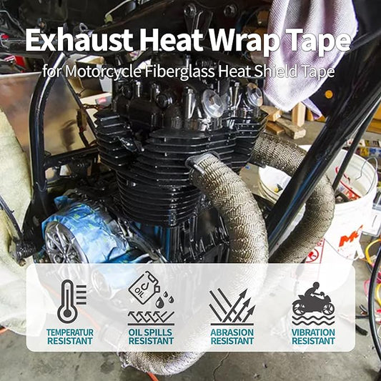 Titanium Exhaust Heat Tape Wrap, 2Aux 50 Ft, Motorcycle Fiberglass Heat Shield Tape With Stainless Ties