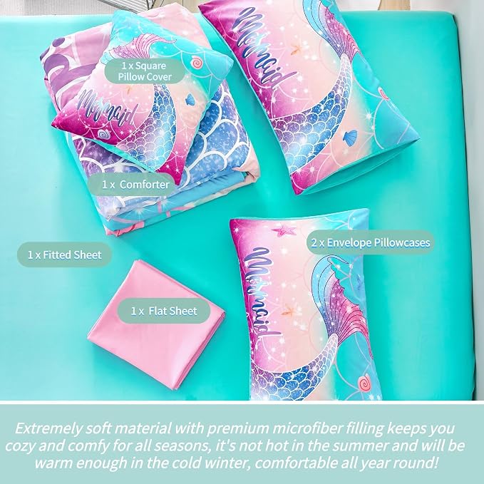 Kids Girls Comforter Set 6Pcs, Mermaid Bed in a Bag Queen Size, Fish Tail Print Teens Girls Bedding Set, Rainbow Bedding Collections