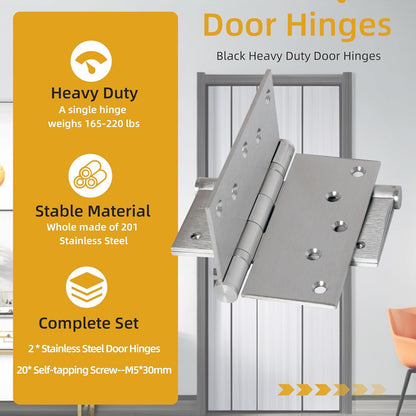 2pcs 5 in Hinges Heavy Duty Door Hinge up to 220 lbs,Stainless Steel Hinges Ball Bearing,Outside Door Hinges Front, Thickness 3 mm, Square Corners with 20 Screws, Non-Removable Pin Silver