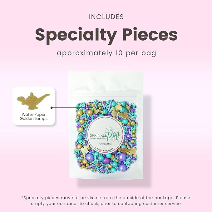 Sprinkle Pop Arabian Princess Sprinkle Mix| Aqua Lavender Purple Sprinkles with ~10 Genie Bottle Toppers and Gold Dragees| Girl Birthday Sprinkles Made in USA for Decorating Cake Cookie Cupcakes, 2oz