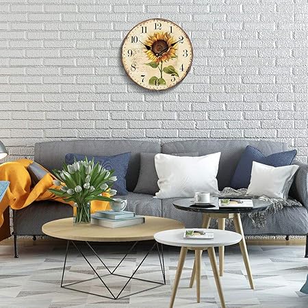 10 Inch Decorative Wall Clock Arabic Numeral Wall Clocks Battery Operated Silent Wall Clocks Wooden Round Sunflower Hanging Clock for Kitchen,Dining Room,Office and Living Room