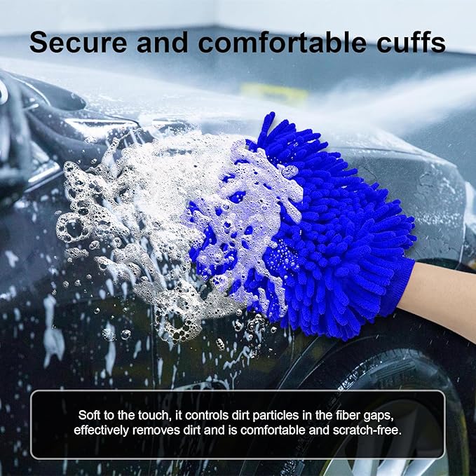Ziciner Premium Microfiber Wash Mitt, Soft Scratch-Free Double-Sided Chenille Washing Gloves Perfect for Car Washing and Detailing (Blue, Large)