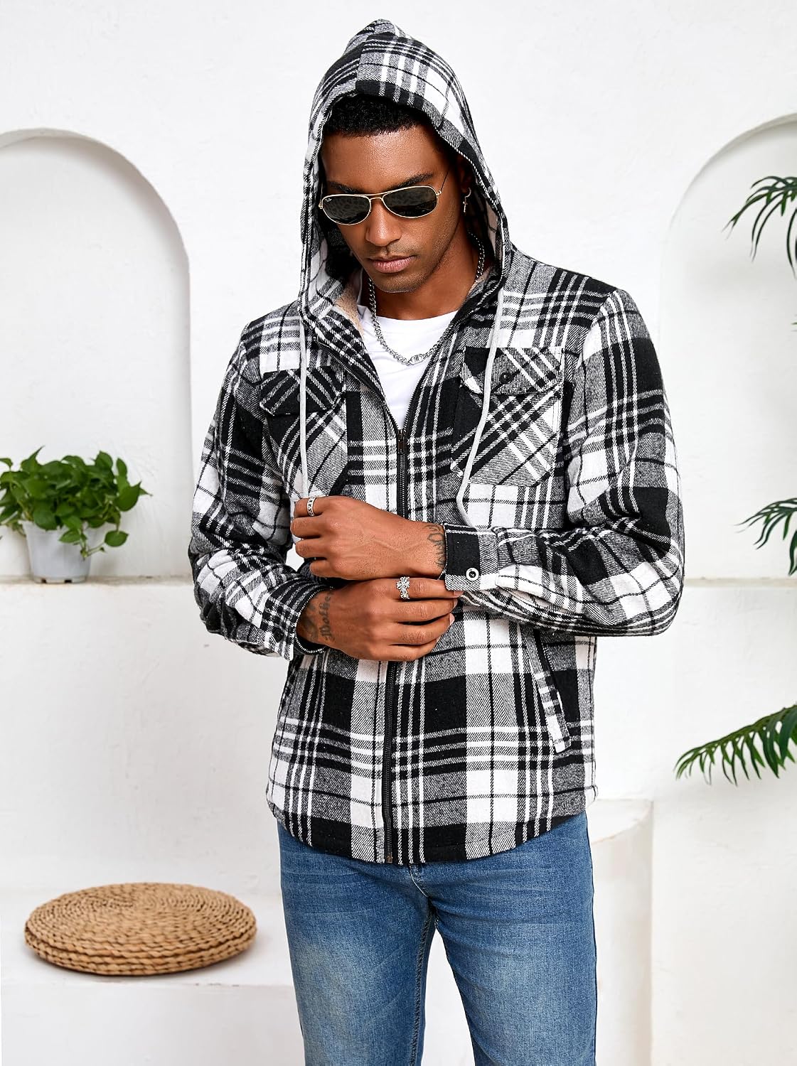 Men's Full Zip Sherpa Lined Flannel Jacket Fleece Hooded Plaid Jacket with Hood for Men