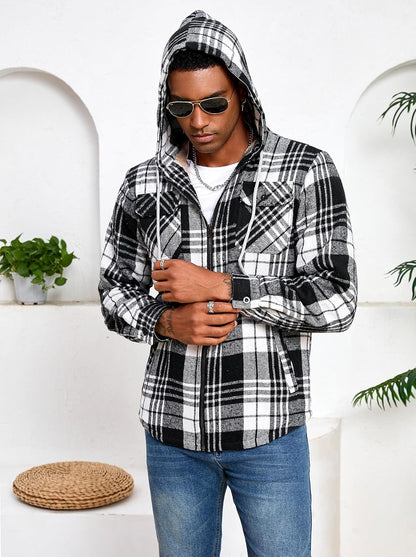 Men's Full Zip Sherpa Lined Flannel Jacket Fleece Hooded Plaid Jacket with Hood for Men