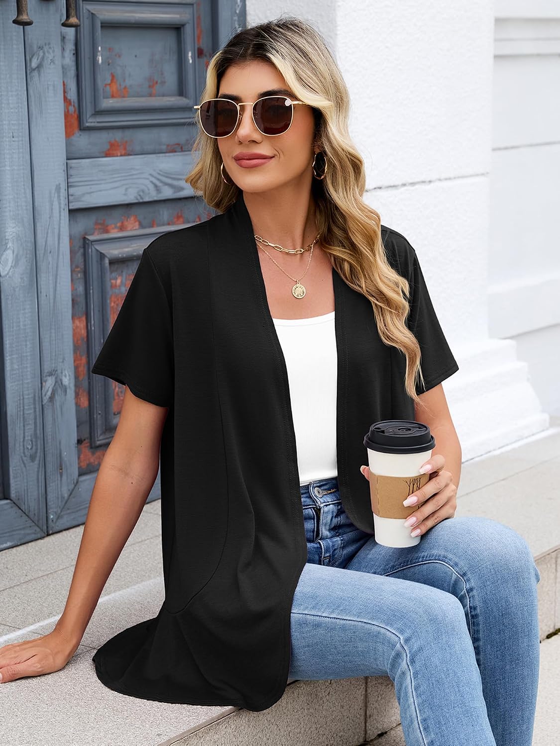 DEARCASE Women's Short Sleeve Bolero Shrugs Lightweight Cardigan Summer Casual Open Front Draped Spring Cardigans