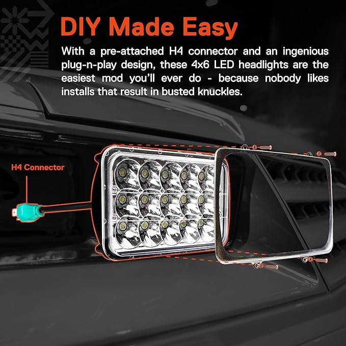 TRUE MODS 2pc Chrome 4x6 6x4 Inch LED Headlights Pair H4 2a1 1a1 High Low Sealed Beam H4652 H4666 H6545 H4651 H4656 for Freightliner Classic XL FLD 120 Peterbilt 379 Kenworth T600 T800 W900 Semi Truck