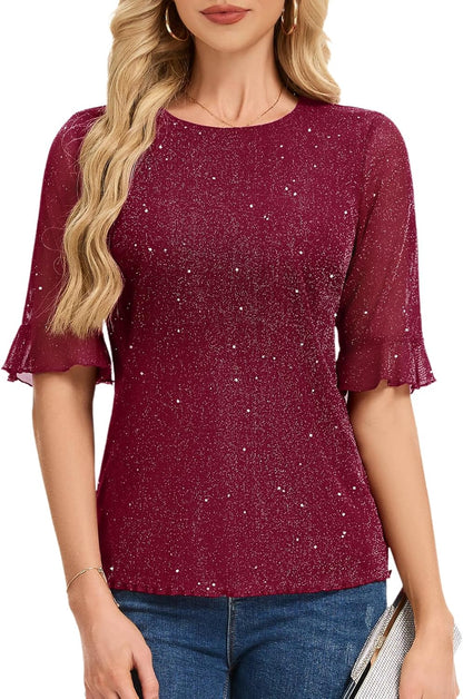 HomRain Glitter Tops for Women Sequin Blouses Sparkly Bell Sleeve Shirt Dressy Casual Party Guest Wedding Summer Top.