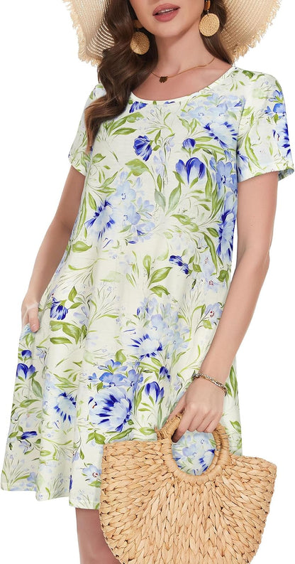 Summer Dresses for Women Casual Tshirt Short Sleeve Floral Sundress Beach Cover Ups with Pockets 2026