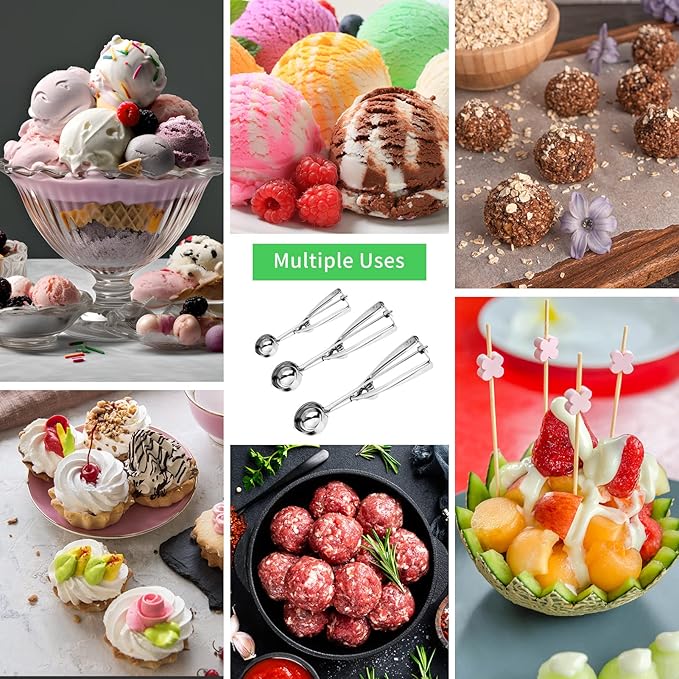 3PCS Ice Cream Scoop,Premium cookie scoop set,SmallMediumLarge stainless steel Scoops,Professional Ice cream Scooper with Trigger Release for Baking, Cookie, Fruit and Ice Cream by AOULELA