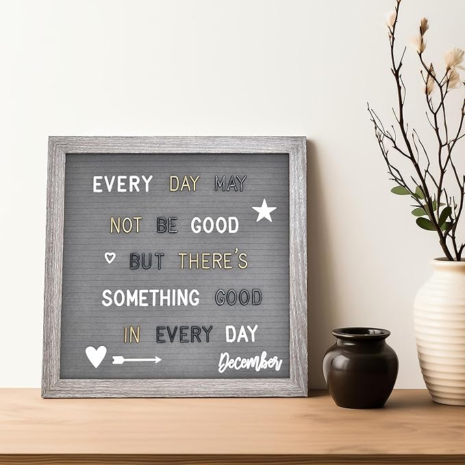 Felt Letter Board with 600 Letters, Numbers, Symbols - 12x12 inch Changeable Message Board with Wooden Frame Wall Mount (Grey)
