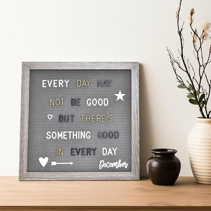 Felt Letter Board with 600 Letters, Numbers, Symbols - 12x12 inch Changeable Message Board with Wooden Frame Wall Mount (Grey)