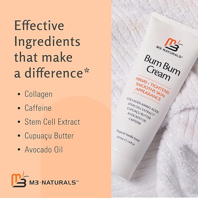 Bum Bum Cream with Lemon Vanilla Scent 2-in-1 Skin Care Cellulite Cream and Massage Lotion - Non-Greasy Skin Tightening Cream for Firm Butt, Belly & Thighs with Cupua?ßu Collagen and Caffeine - 8 Fl Oz
