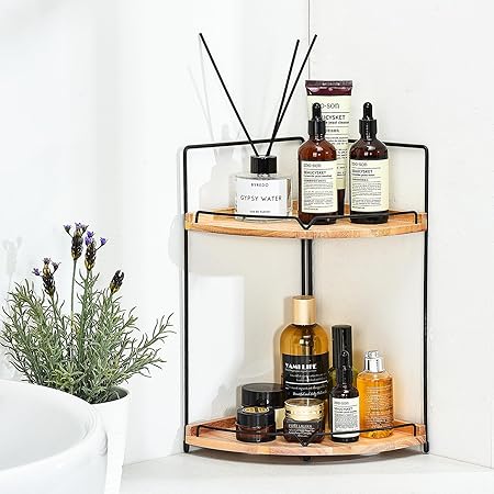 FairyHaus Bathroom Counter Organizer, 2 Tier Corner Bathroom Countertop Organizer for Skincare Make Up Storage, Rustic Wood Bathroom Kitchen Vanity Counter Organizers
