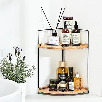 FairyHaus Bathroom Counter Organizer, 2 Tier Corner Bathroom Countertop Organizer for Skincare Make Up Storage, Rustic Wood Bathroom Kitchen Vanity Counter Organizers