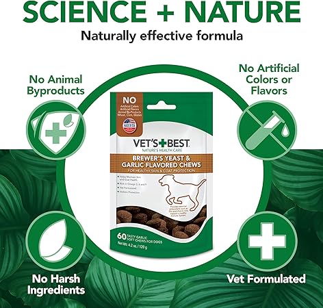 Vets Best Brewers Yeast  Garlic Chews, Omega 3 for Dogs Healthy Skin  Coat Protection for Dogs, Dog Formulated with Veterinary Recommended Dosage, Garlic Supplements, 60 ct