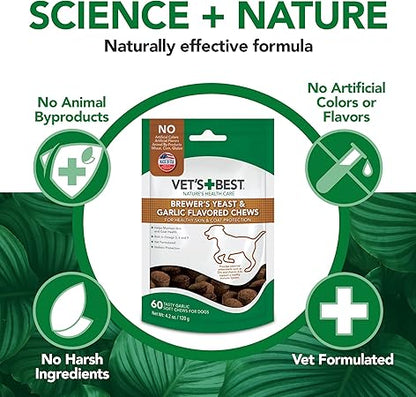 Vets Best Brewers Yeast  Garlic Chews, Omega 3 for Dogs Healthy Skin  Coat Protection for Dogs, Dog Formulated with Veterinary Recommended Dosage, Garlic Supplements, 60 ct